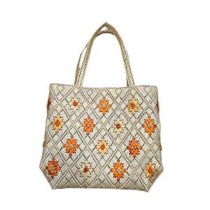 Vtg Hand Woven Floral Straw Beach Bag Tote Beige Orange Boho Made In Haiti